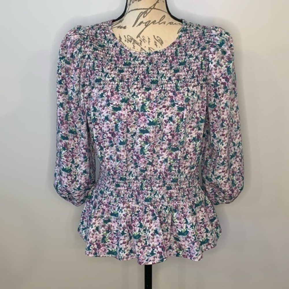 Pleione floral smocked puff sleeve peplum top M